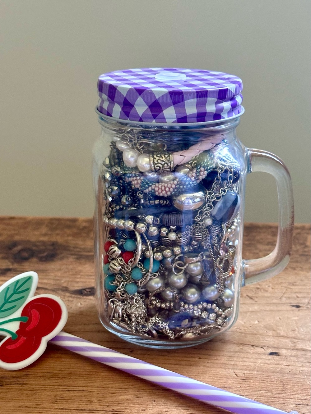 Almost 1lb Wearable Silver Tone Jewelry Mystery Lot - Mason Jar Glass w Straw